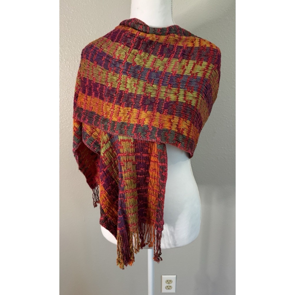 J. Jill Crinkle Scarf Multicolor Boho Abstract Fringe 100% Viscose 72"